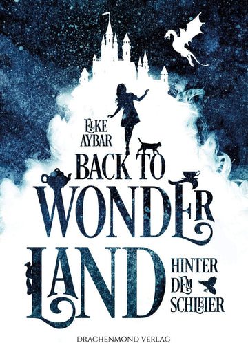 Das Cover zeigt in weiß die Silhouette einer Burg, darunter weiße Wolkenfetzen, in denen man den Titel, die dunkelblaue Silhouette einer Frau und einige andere Elemente (Katze, Eichhörnchen, Teekanne, Teetasse, Vogel) sieht. Um die Burg herum erkennt man den dunkelblauen Sternenhimmel, in dem ein weißer Drache fliegt.